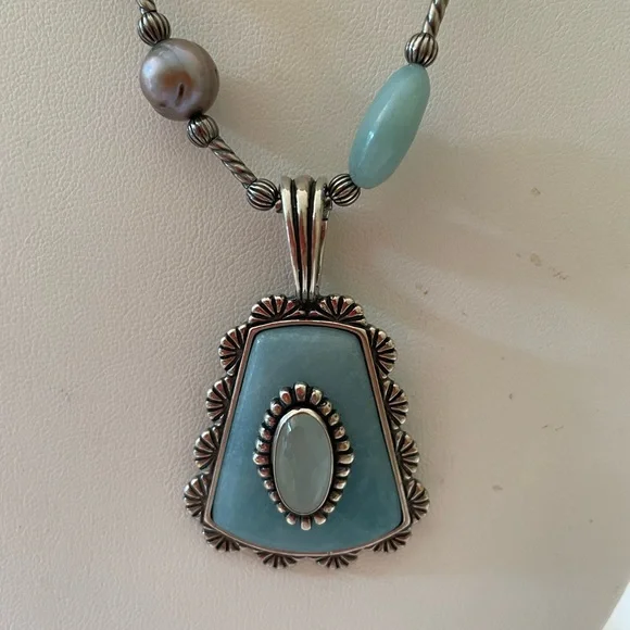 Vintage Carolyn Pollack 925 SS Jadeite Inlaid Larimar Pendant/Necklace